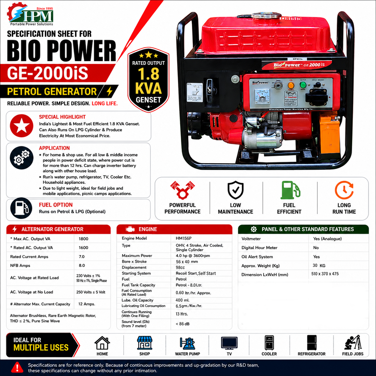 2 KVA Portable Inverter Petrol Generator Oasis UL-2000is - 13 Hours Runtime